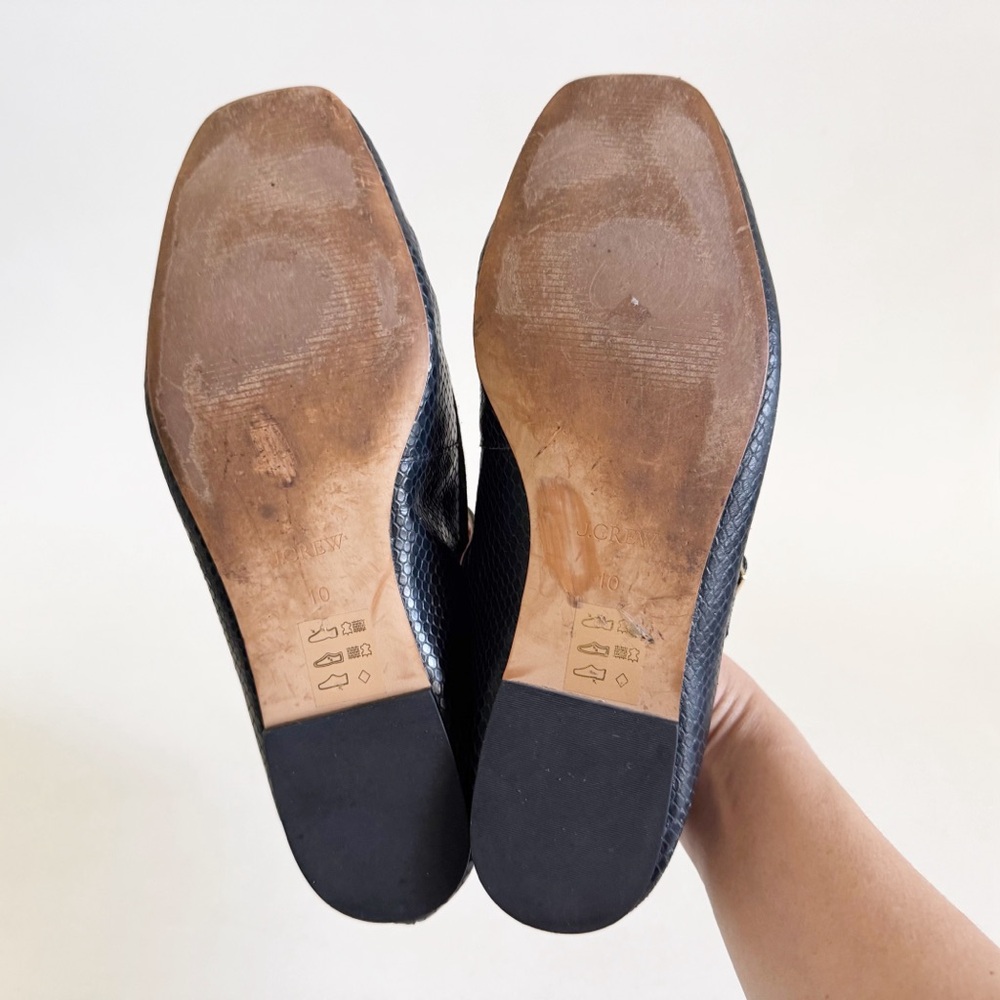 J. Crew Quinn Square Toe Mary Jane Flat Shoe 10 Black Snake Embossed Classic - Picture 8 of 10